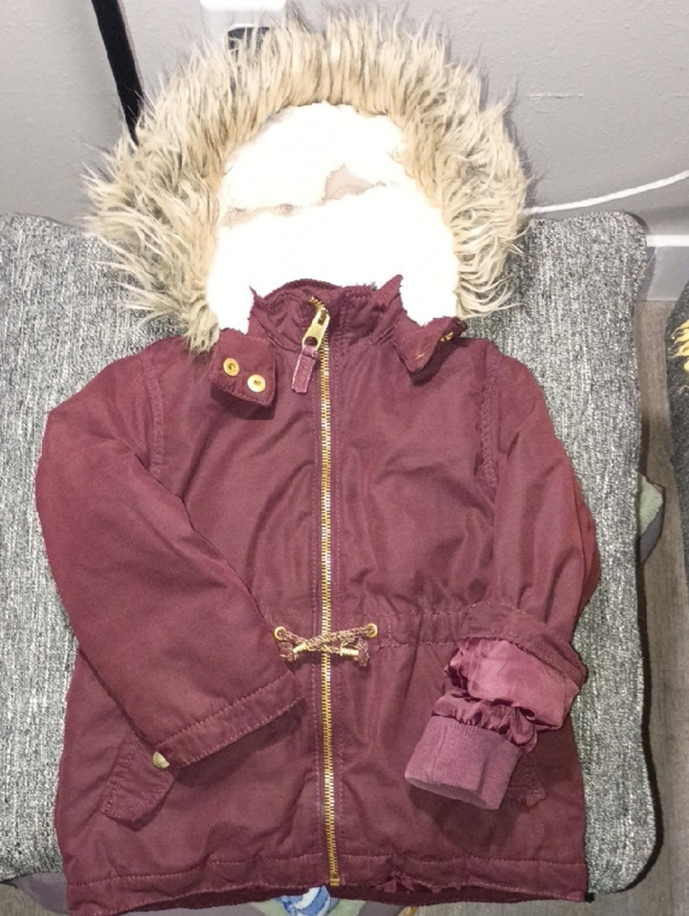 H&M Kids Burgundy Hooded Puffer Jacket with Faux Fur Trim